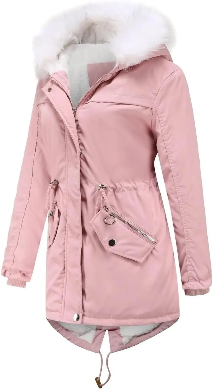 Women Oversized Parkas Coat Solid Thick Warm Hooded Cotton Padded Overcoat Casual Loose Outwear Jackets(EU XL)