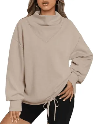 Women Oversized Turtleneck Sweatshirts 2023 Fall Solid Long Sleeve Pullover Tops Casual Clothes with Drawstring Hem