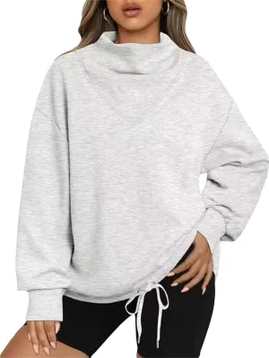 Women Oversized Turtleneck Sweatshirts 2023 Fall Solid Long Sleeve Pullover Tops Casual Clothes with Drawstring Hem