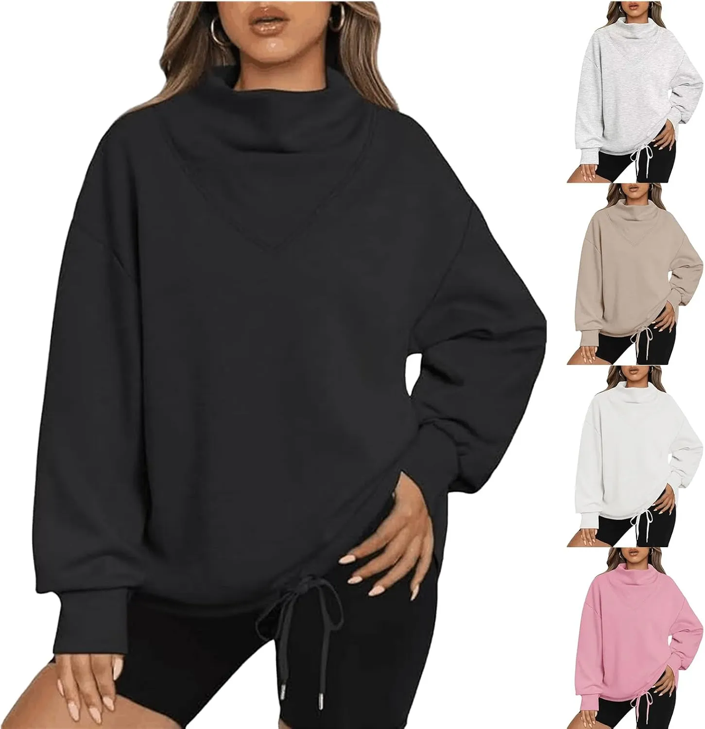 Women Oversized Turtleneck Sweatshirts 2023 Fall Solid Long Sleeve Pullover Tops Casual Clothes with Drawstring Hem