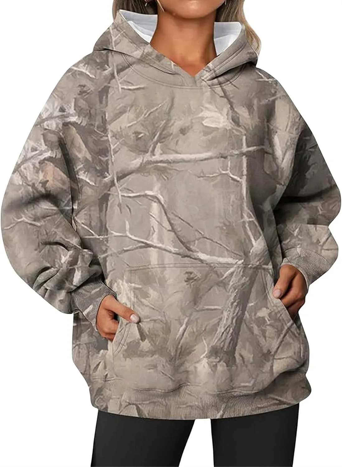 Womens Camo Hoodies Sweatshirt Maple Leaf Print Oversized Hooded Sweatshirt Long Sleeve Fall Pullover Top with Pockets