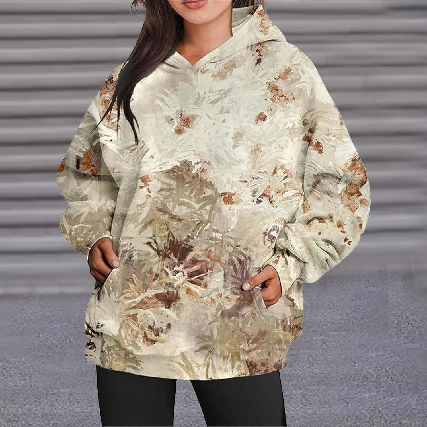 Womens Camo Hoodies Sweatshirt Maple Leaf Print Oversized Hooded Sweatshirt Long Sleeve Fall Pullover Top with Pockets