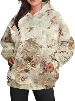 Womens Camo Hoodies Sweatshirt Maple Leaf Print Oversized Hooded Sweatshirt Long Sleeve Fall Pullover Top with Pockets