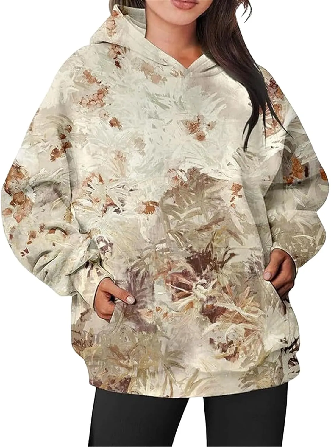 Womens Camo Hoodies Sweatshirt Maple Leaf Print Oversized Hooded Sweatshirt Long Sleeve Fall Pullover Top with Pockets