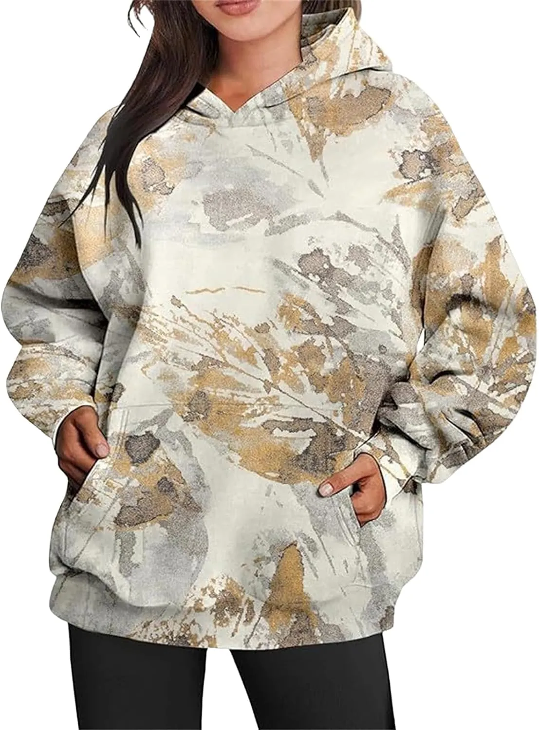Womens Camo Hoodies Sweatshirt Maple Leaf Print Oversized Hooded Sweatshirt Long Sleeve Fall Pullover Top with Pockets