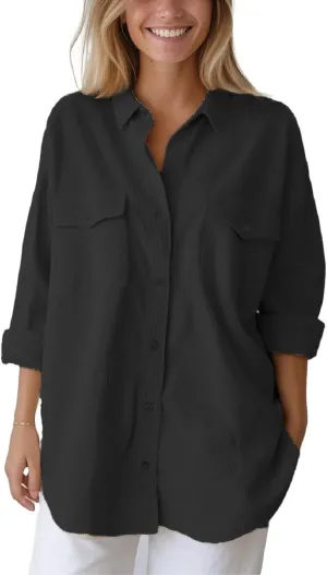 Women's Corduroy Shacket Jacket Coats Brushed Long Sleeve Oversized Casual Lapel Cardigan Button Down Shirts