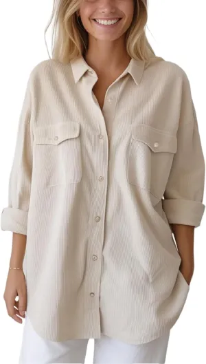 Women's Corduroy Shacket Jacket Coats Brushed Long Sleeve Oversized Casual Lapel Cardigan Button Down Shirts