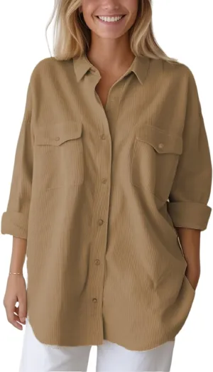 Women's Corduroy Shacket Jacket Coats Brushed Long Sleeve Oversized Casual Lapel Cardigan Button Down Shirts