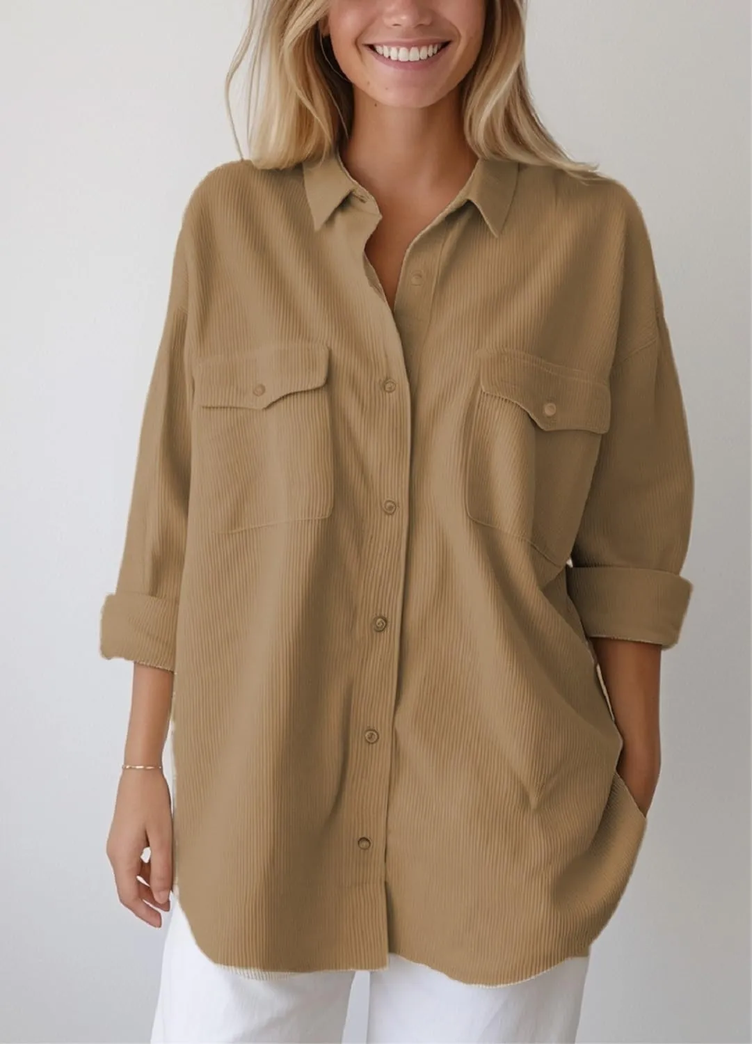 Women's Corduroy Shacket Jacket Coats Brushed Long Sleeve Oversized Casual Lapel Cardigan Button Down Shirts