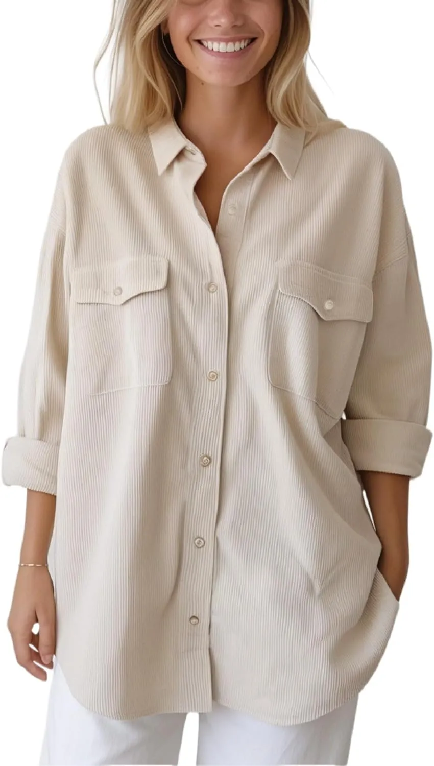 Women's Corduroy Shacket Jacket Coats Brushed Long Sleeve Oversized Casual Lapel Cardigan Button Down Shirts