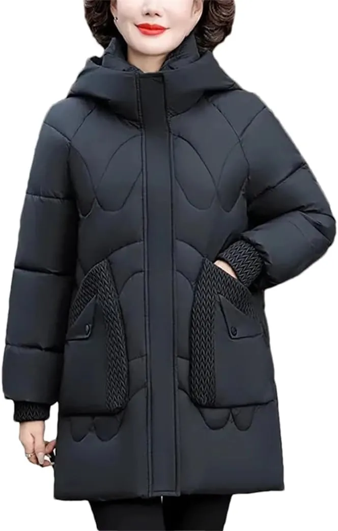 Womens Down Cotton Coat Winter Cotton-Padded Parkas Warm Hooded Mother Clothing Cotton Overcoat Coats