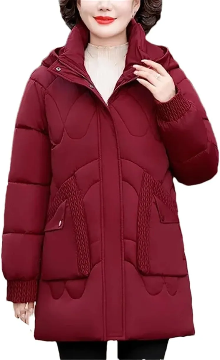 Womens Down Cotton Coat Winter Cotton-Padded Parkas Warm Hooded Mother Clothing Cotton Overcoat Coats