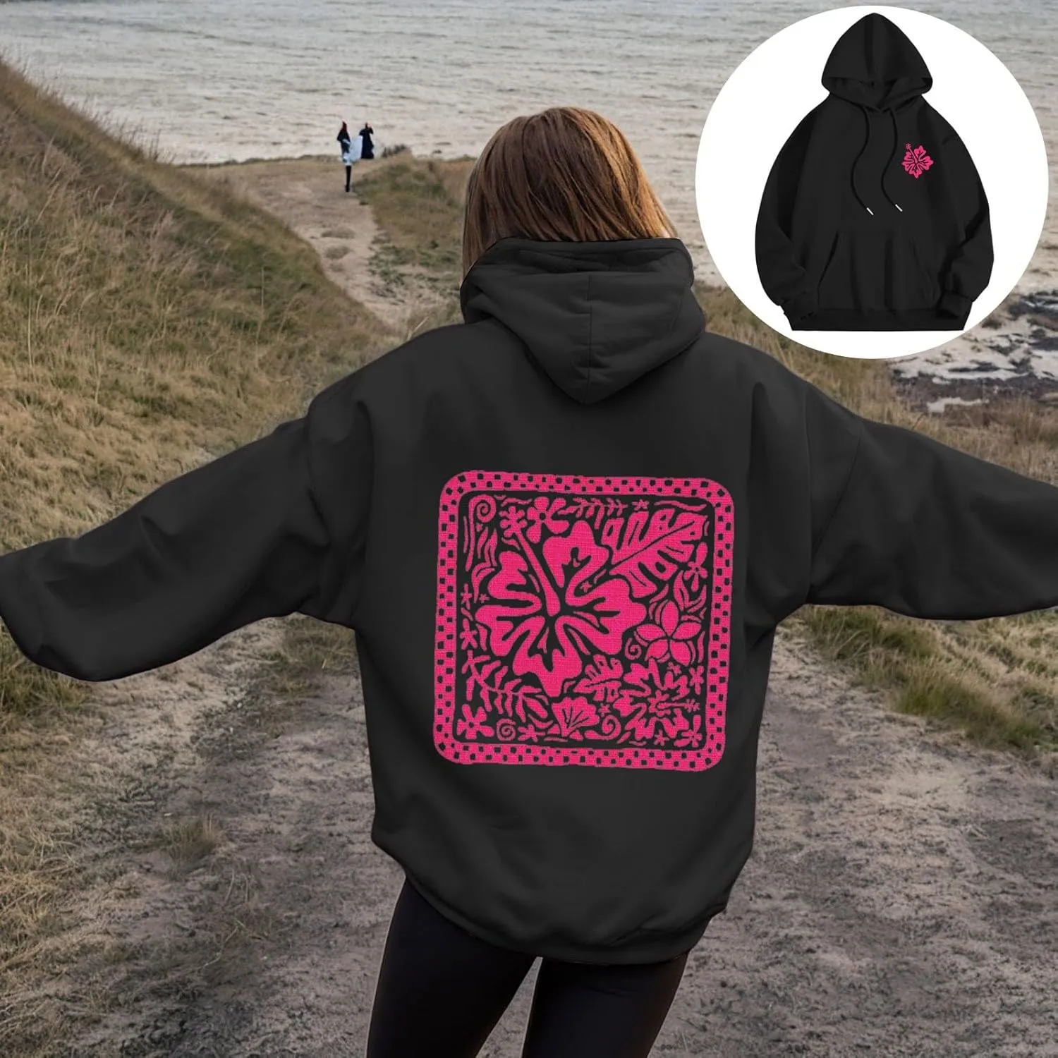Women's Graphic Print Hoodies Oversized Long Sleeve Hooded Sweatshirts Cherry Floral Drop Shoulder Pullover Top
