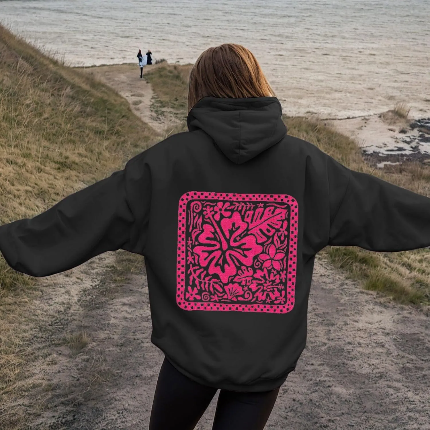 Women's Graphic Print Hoodies Oversized Long Sleeve Hooded Sweatshirts Cherry Floral Drop Shoulder Pullover Top