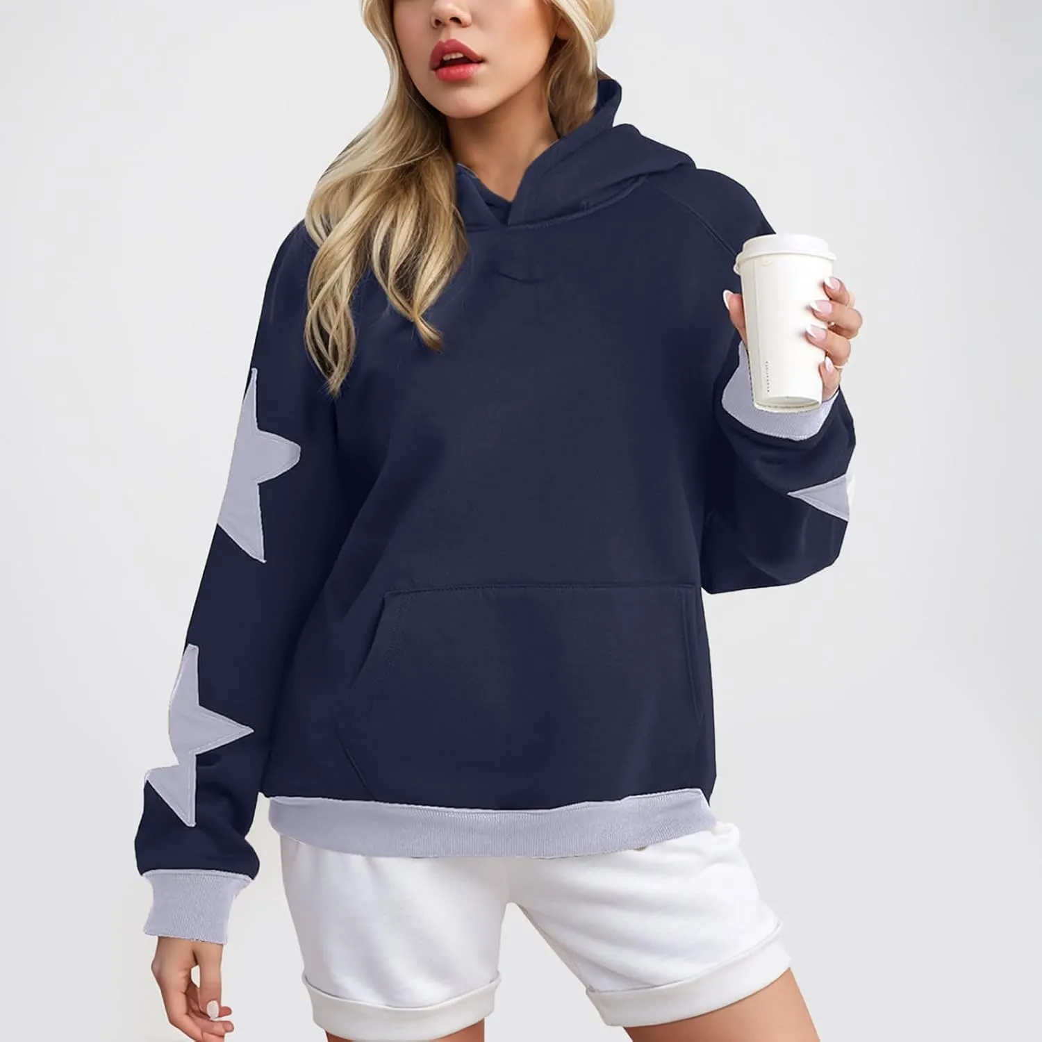 Womens Oversized Hoodies Fleece Sweatshirts Long Sleeve with Star Pullover with Pocket Fall Winter Outfits Y2k Clothes