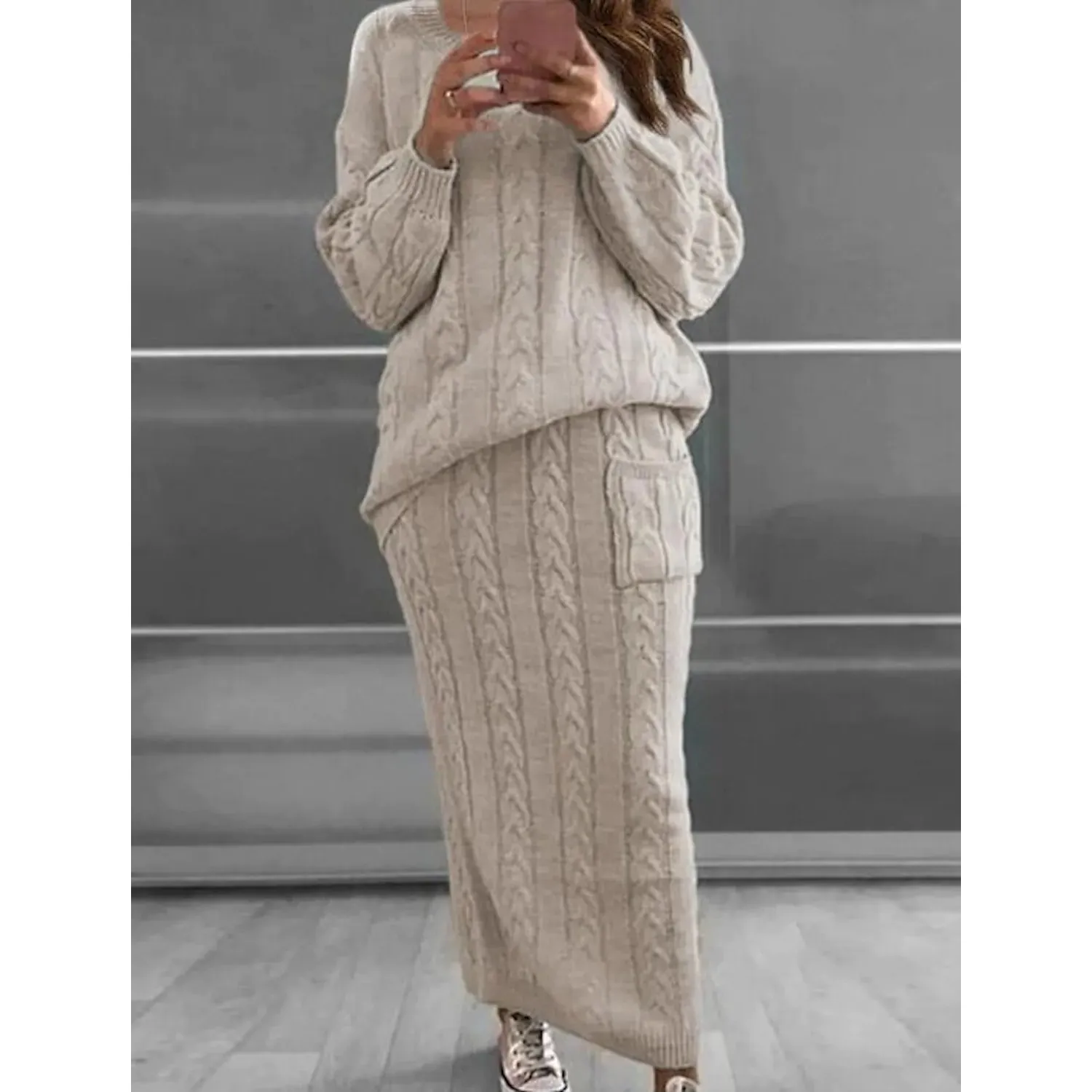 Women's Pocket Knitted Patchwork Solid Casual Long Sleeve Loose Sweater