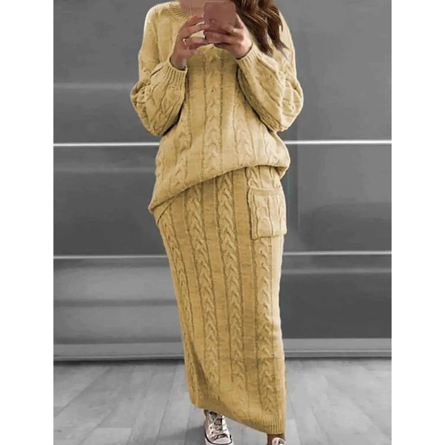 Women's Pocket Knitted Patchwork Solid Casual Long Sleeve Loose Sweater