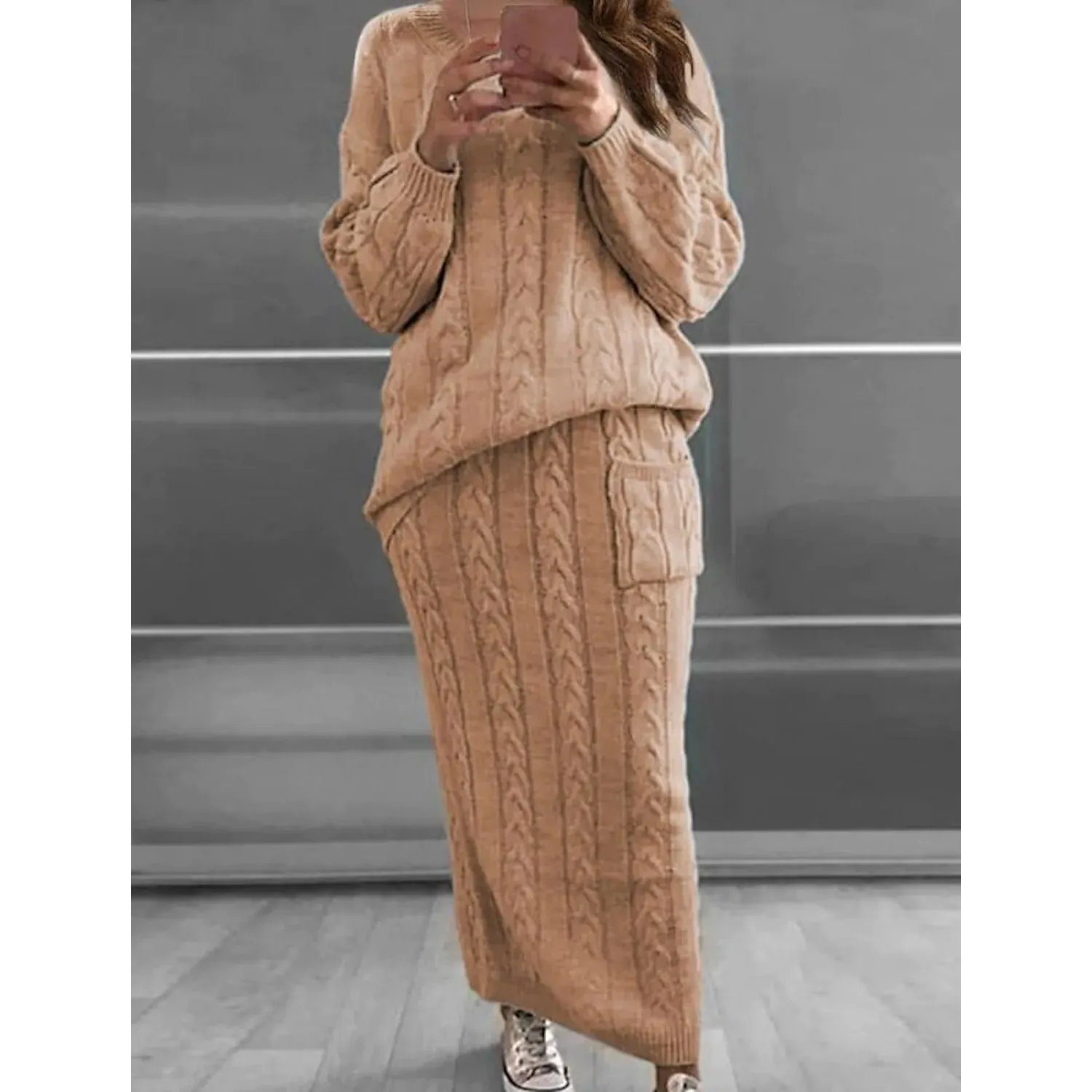 Women's Pocket Knitted Patchwork Solid Casual Long Sleeve Loose Sweater