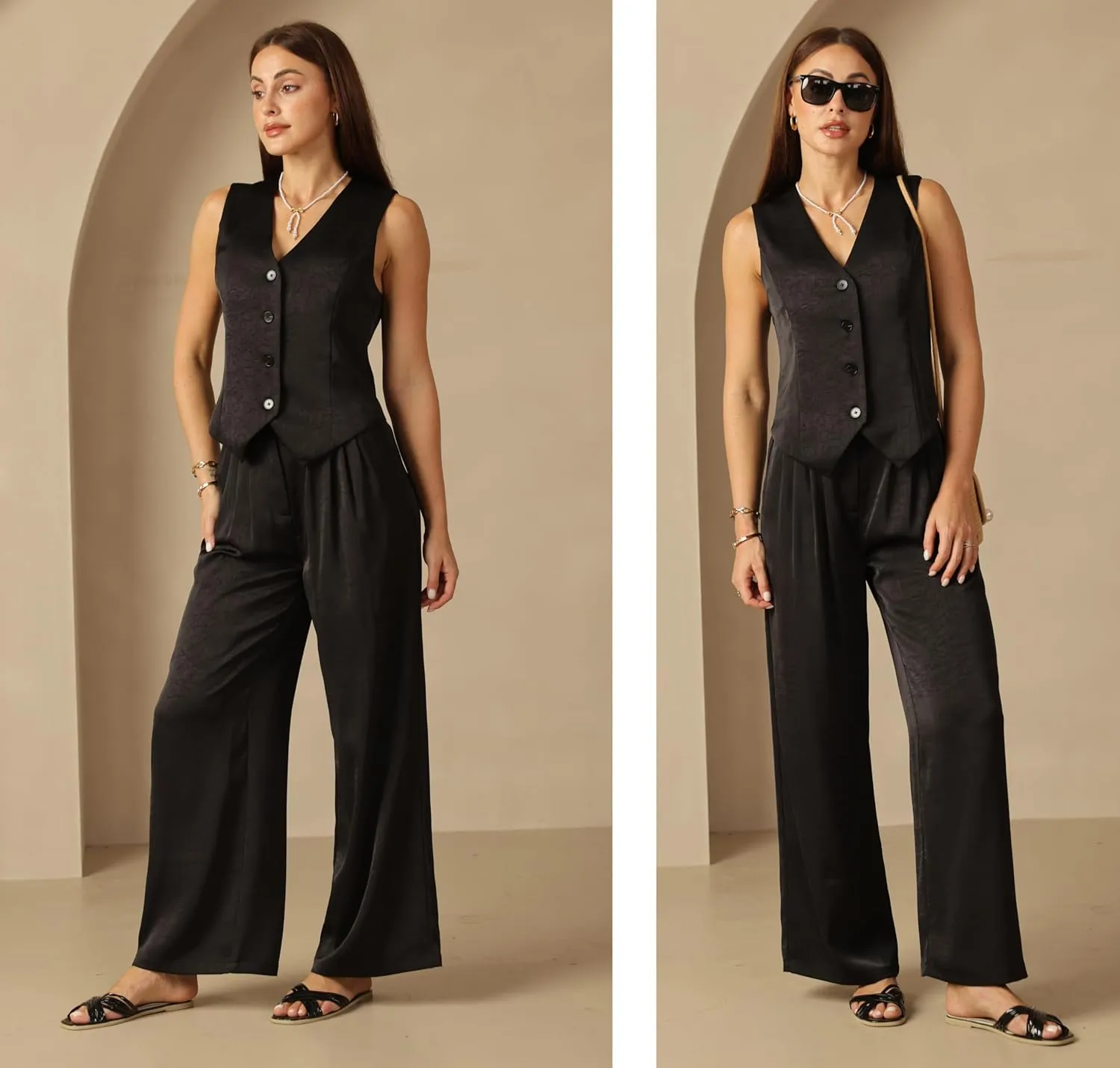 Women's Satin Silky Textured Vest Button Down Sleeveless V Neck Top Waistcoat Jacket