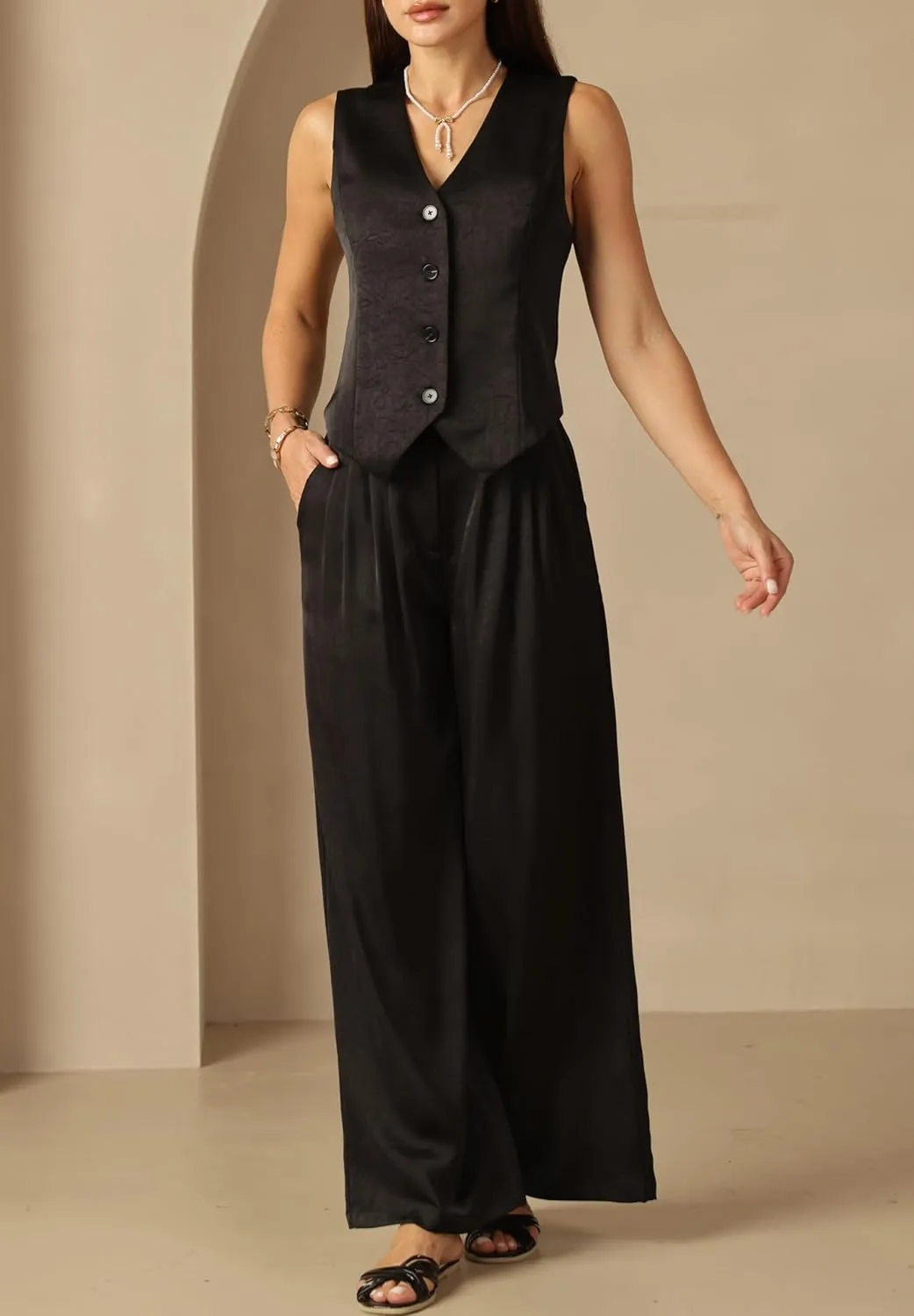 Women's Satin Silky Textured Vest Button Down Sleeveless V Neck Top Waistcoat Jacket