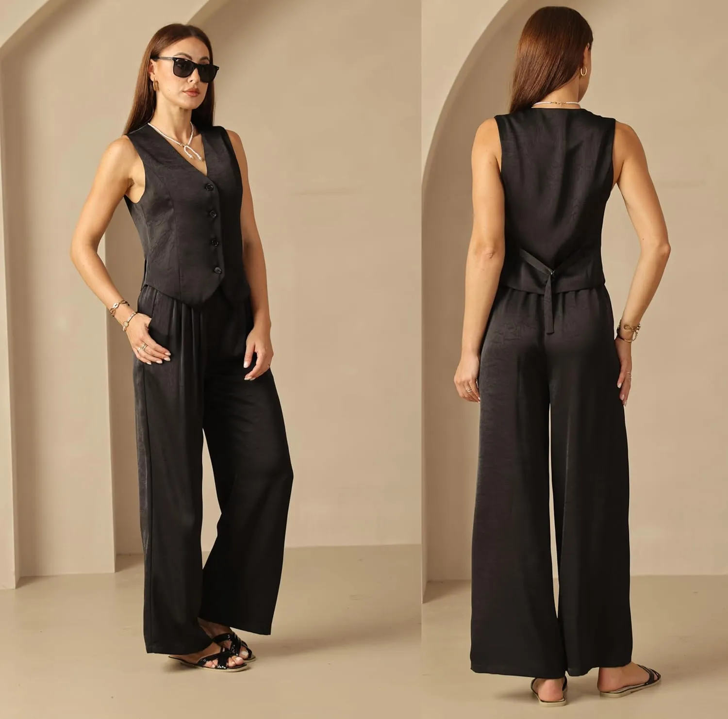 Women's Satin Silky Textured Vest Button Down Sleeveless V Neck Top Waistcoat Jacket