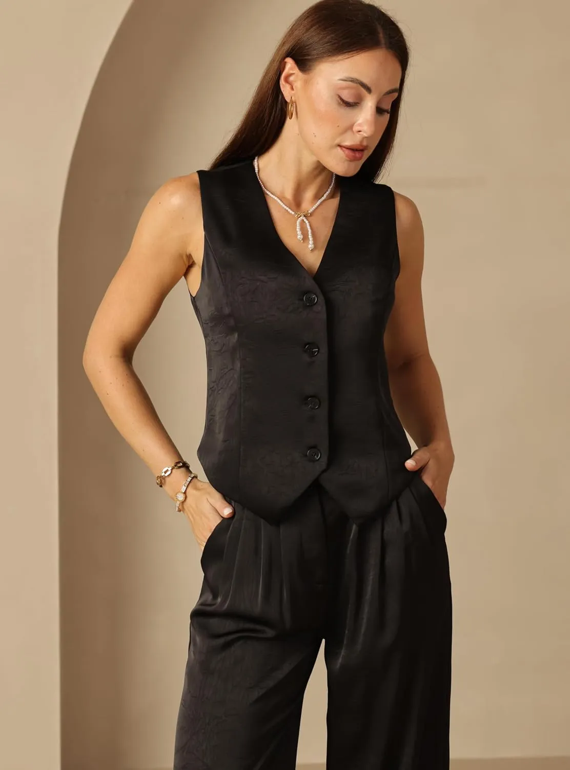 Women's Satin Silky Textured Vest Button Down Sleeveless V Neck Top Waistcoat Jacket