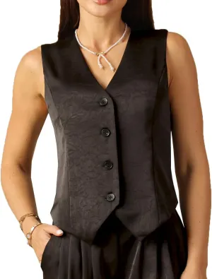 Women's Satin Silky Textured Vest Button Down Sleeveless V Neck Top Waistcoat Jacket