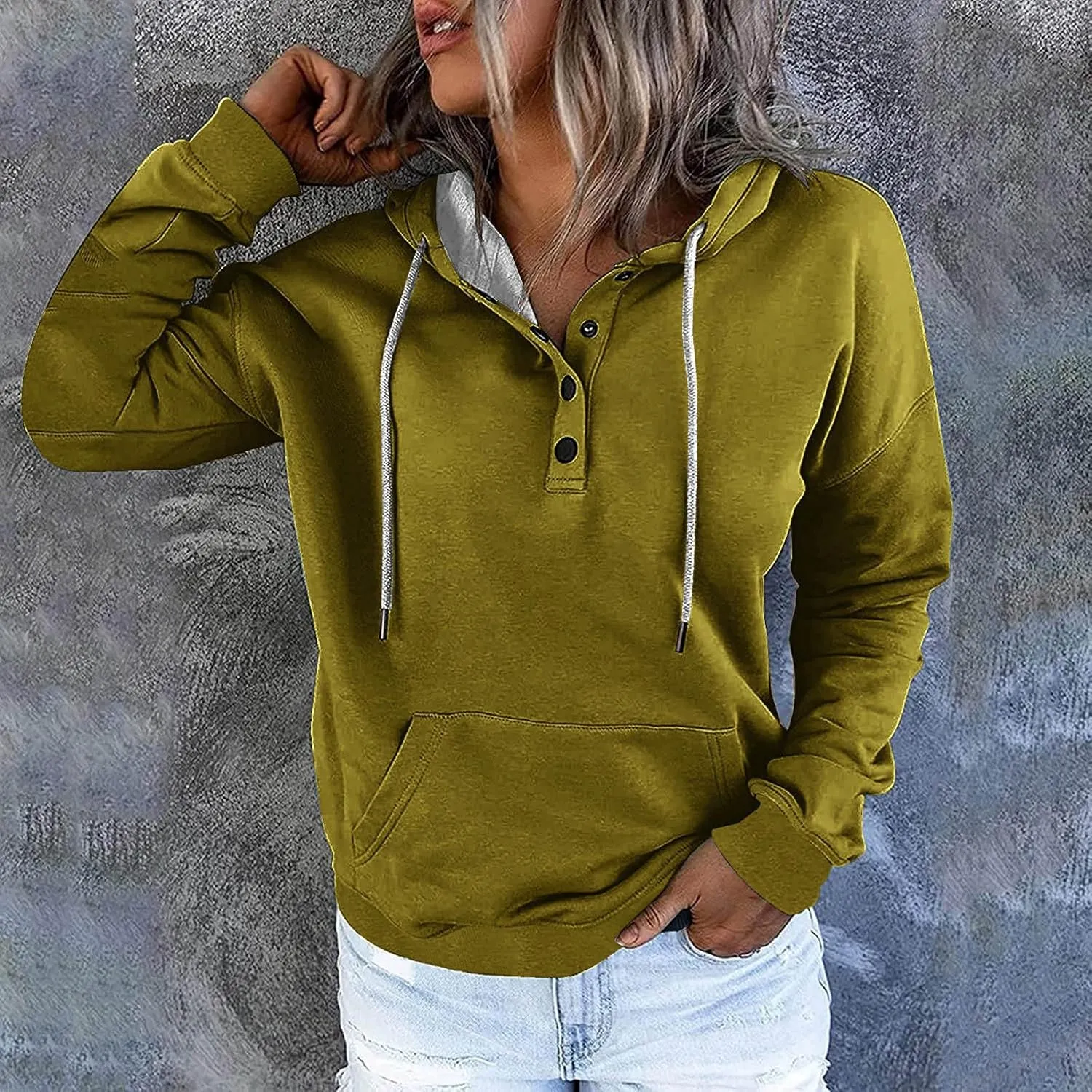 Womens Tops Long Sleeve Button V Neck Hoodies Dressy Casual Hooded Sweatshirt Loose Fit Party Shirts with Pockets