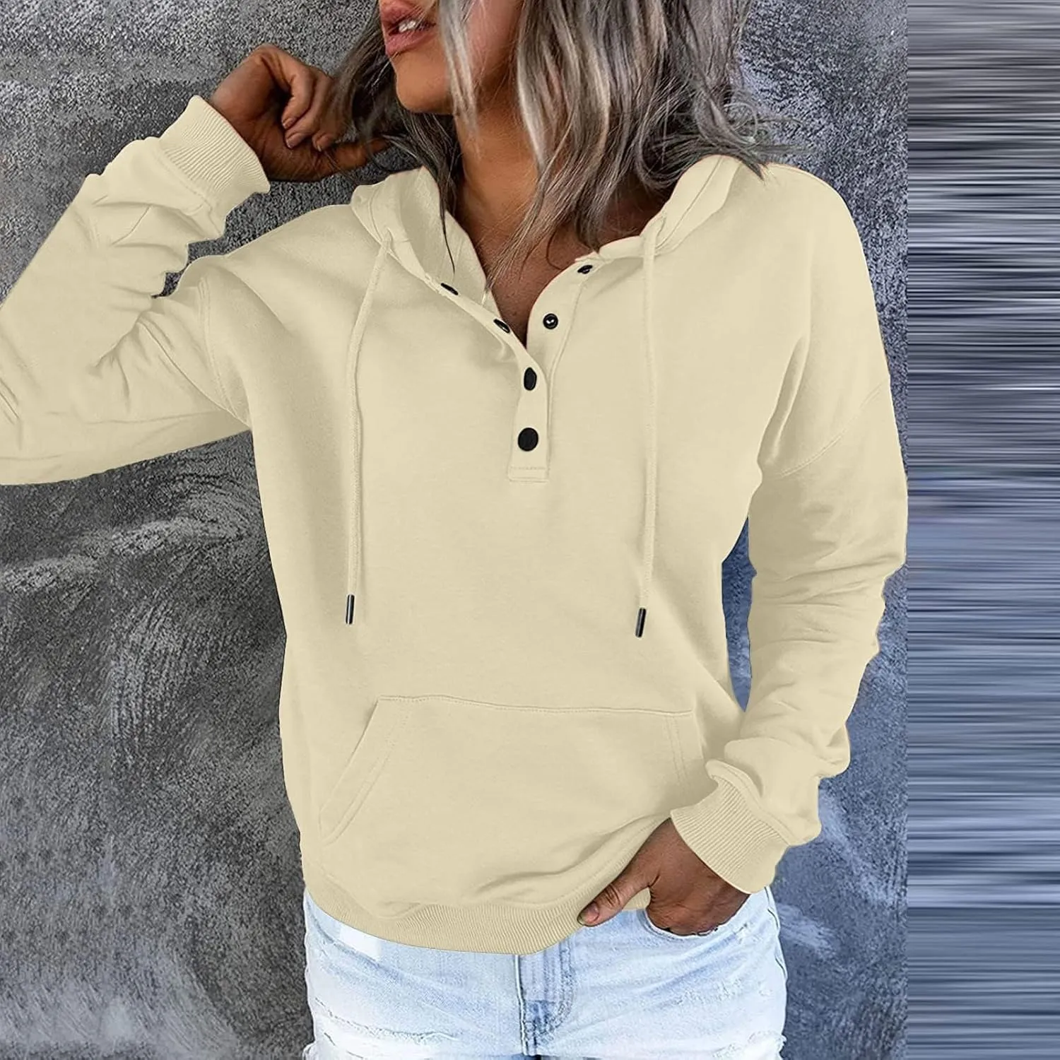 Womens Tops Long Sleeve Button V Neck Hoodies Dressy Casual Hooded Sweatshirt Loose Fit Party Shirts with Pockets