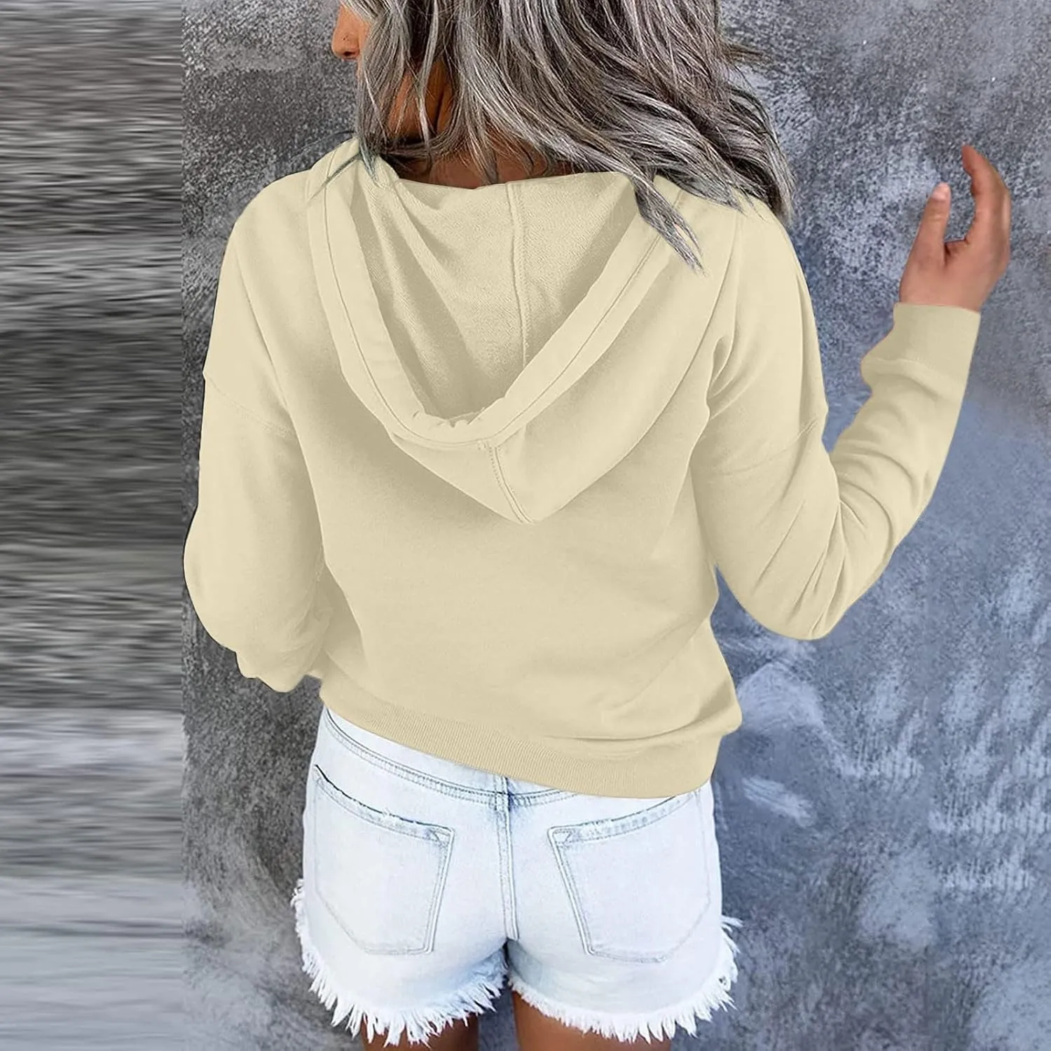 Womens Tops Long Sleeve Button V Neck Hoodies Dressy Casual Hooded Sweatshirt Loose Fit Party Shirts with Pockets