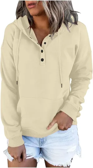 Womens Tops Long Sleeve Button V Neck Hoodies Dressy Casual Hooded Sweatshirt Loose Fit Party Shirts with Pockets
