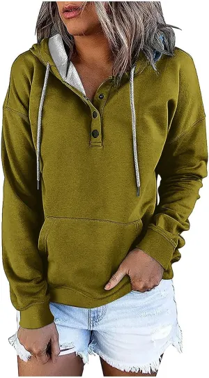 Womens Tops Long Sleeve Button V Neck Hoodies Dressy Casual Hooded Sweatshirt Loose Fit Party Shirts with Pockets