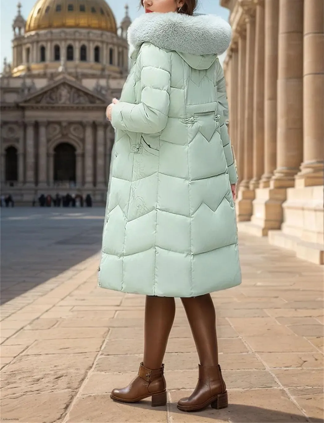 Women's Winter Long Cotton Down Jacket Large Fur Collar Hooded Padded Puffer Coats Thicken Thermal Parkas