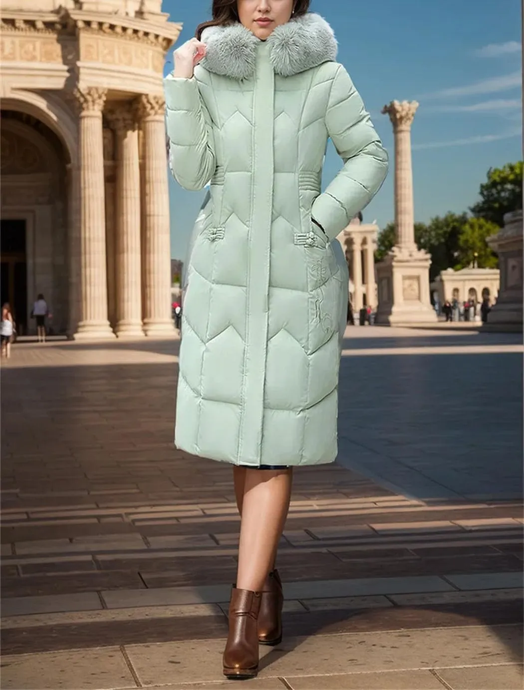 Women's Winter Long Cotton Down Jacket Large Fur Collar Hooded Padded Puffer Coats Thicken Thermal Parkas