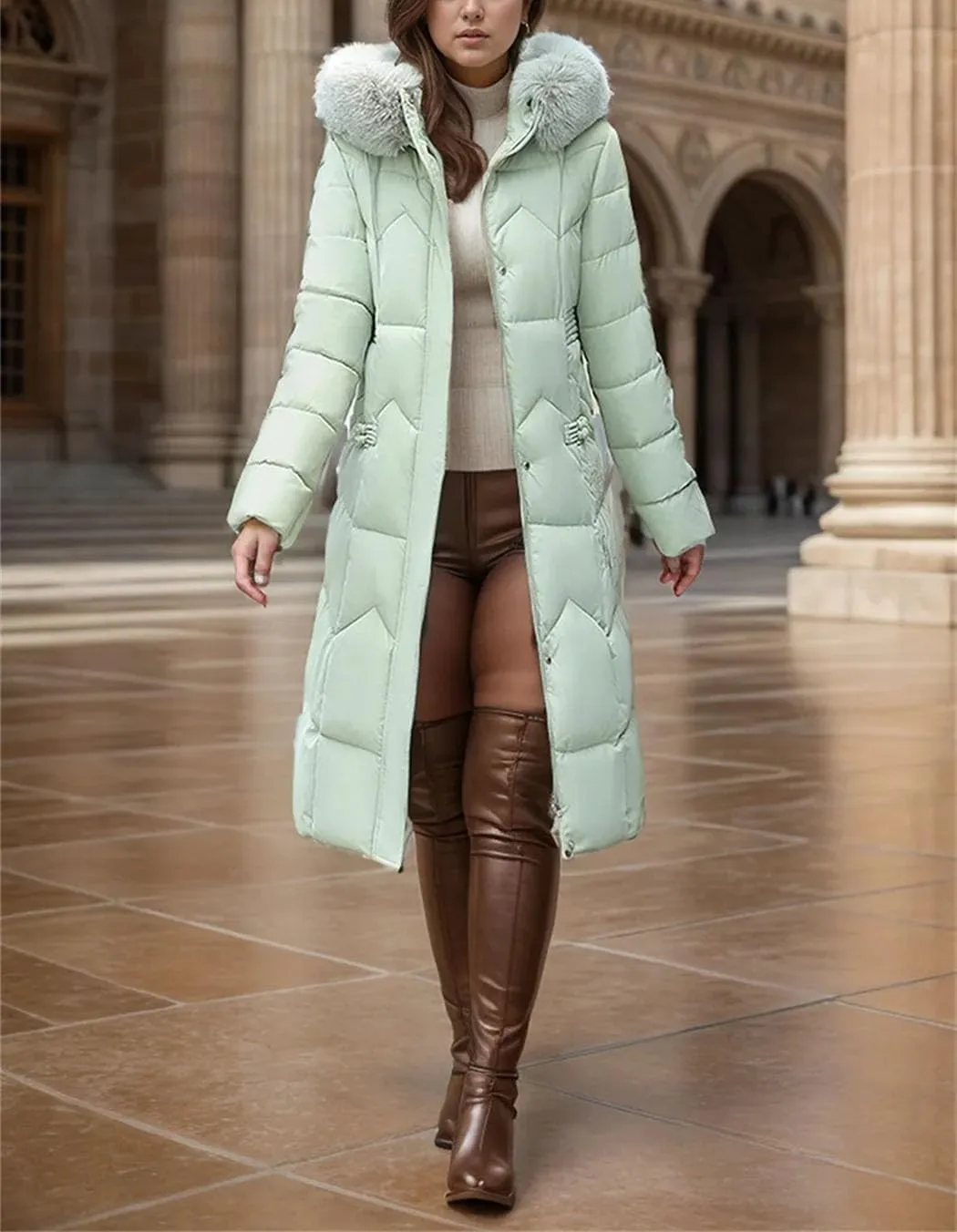 Women's Winter Long Cotton Down Jacket Large Fur Collar Hooded Padded Puffer Coats Thicken Thermal Parkas