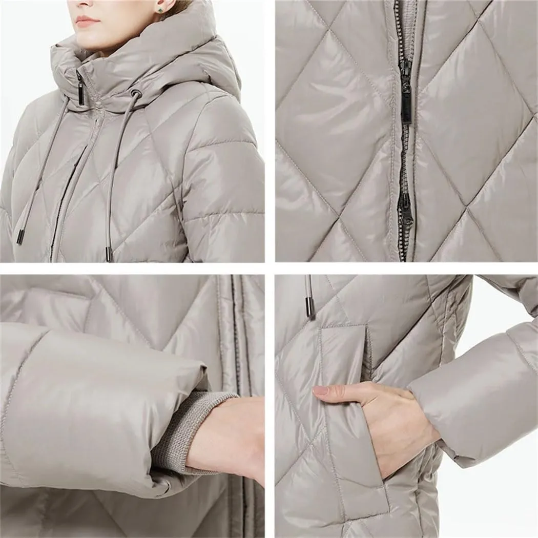 Women's Winter Quilted Puffer Jacket Deep Collar Hooded Lengthened Padded Parkas Outdoor Comfort Warm Cotton Coat
