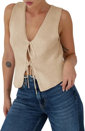 Yousify Womens Sweater Vests Tie Front Knit Vest Summer Ribbed Tank Tops Y2k Cute Vests Fashion Casual Sleeveless Tops